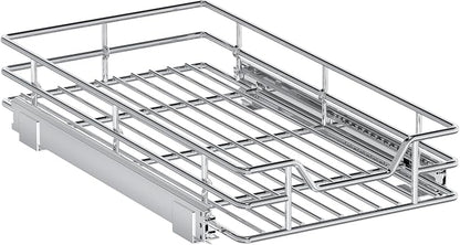 Pull Out Cabinet Organizer, 10.5" W x 18" D, Heavy Duty Chrome Slide Out Shelf for Narrow Base Cabinets, Sliding Wire Basket Drawer for Spices, Bottles, Snacks & Cleaning Supplies