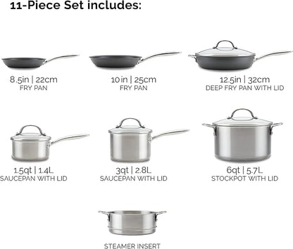 Rachael Ray 70033 Professional Stainless Steel/Hard Anodized Nonstick Cookware Pots and Pans Set, 11 Piece - Gray and Silver