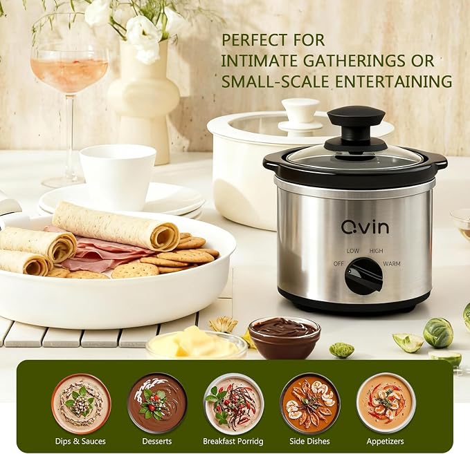 Qvin 0.65 Quart Mini Slow Cooker with Temperature Control, Stainless Steel and Black, Round Fondue Melting Pot with Glass Lid, Dishwasher Safe Stoneware