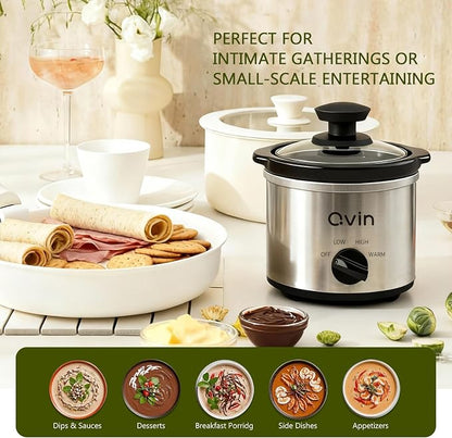 Qvin 0.65 Quart Mini Slow Cooker with Temperature Control, Stainless Steel and Black, Round Fondue Melting Pot with Glass Lid, Dishwasher Safe Stoneware