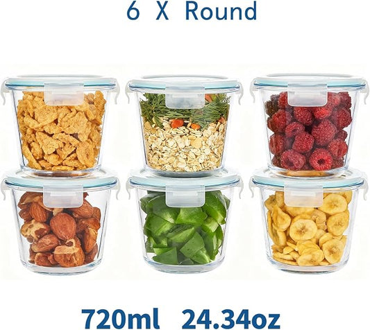 8 PCS Glass Meal Prep Containers with Lids, Airtight 3 Cup Glass Storage Containers Set, Round Deep Soup Containers with Lids for Leftover, Microwave, Dishwasher, and Freezer Safe (6pc)