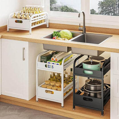 2 Tier Pull-out Storage Organizer, Slide Out Kitchen Cabinet Storage Sliding Shelves, Under Sink Organizers Drawer, Multi-Purpose Storage Rack for Kitchen Pantry, Bathroom Countertop Storage (White)