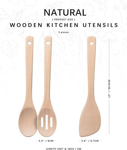 Wooden Spoons for Cooking, 3-Piece Wood Utensil Set Includes Slotted Spoon, Spoon & Wooden Spatula for Cooking – Uncoated Beech Wood Kitchen Utensil Set – 12 Inch Hardwearing Tools