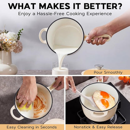 Onader Enameled Cast Iron Sauce Pan, 1QT Small Saucepan with Lid, Cast Iron Sauce Pot, Enamel Dutch Oven, Nonstick & Heavy Duty – Cream White
