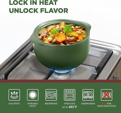 MINH LONG 2-Qt Porcelain Dutch Oven with Lid – Lead & Cadmium Free, Oven Safe to 482°F, Heat Retention, Clay Pot for Cooking on Gas & Infrared Cooktop, Use to Marinate, Cook, Bake, Refrigerate & Serve