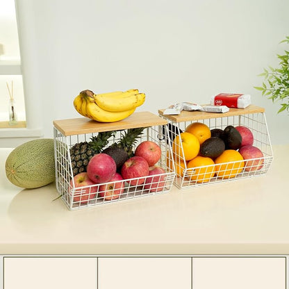 Mefirt Fruit Basket, 2-Tier Fruit Bowl for Kitchen Counter, Stackable Wall Mounted Fruit Storage, Snack Organizer, Potato and Onion Storage Basket, Hanging Pantry Storage with Wood Lid, 2 Set, White