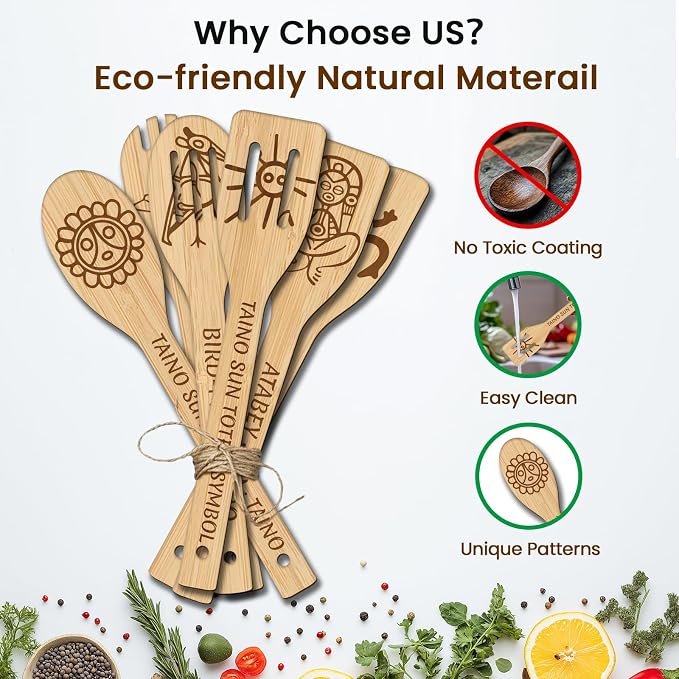 CUTHOLLOW 6PCS Taino Element Wooden Kitchen Cooking Utensil Set, 11.9in Non Toxic Bamboo Wood Spoon Set for Cooking, Best Housewarming Birthday Thanksgiving Christmas Gift for Women Mother