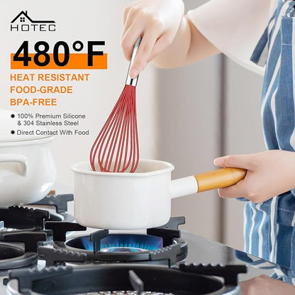 HOTEC 4 Pieces Silicone Whisks Set, Wire Balloon Whisks for cooking Egg Beater, Non-slip Handle Whisk for Non-stick Cookware Perfect for Cooking, Stirring, Beating and Blending,Red
