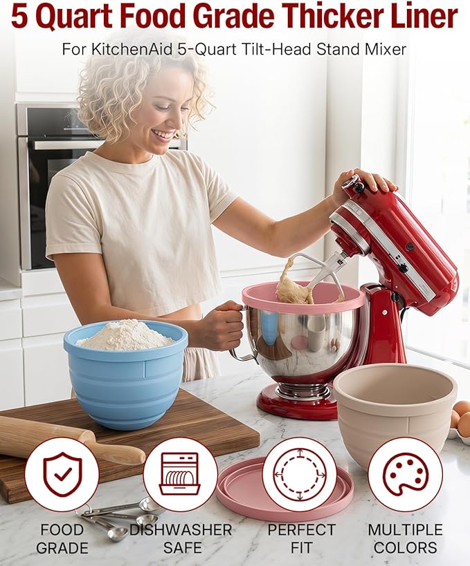 Silicone Bowl Liner for KitchenAid Tilt-Head 5QT Mixers, Kitchen Aid Accessories and Attachments for Baking and Cooking, Fits 5 Quart Mixing Bowl with Lids(Misty Rose, 5QT)