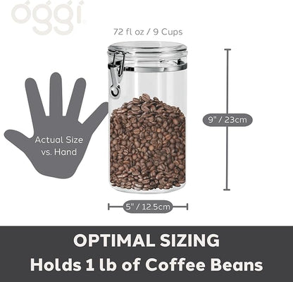 Oggi Large Clear Canister with Clamp Lid, 72 oz - Large Airtight Food Storage Container, for Kitchen & Pantry Storage of Bulk, Dry Foods, Pasta, Flour, Sugar, Coffee, Rice, Tea, Spices & Herbs