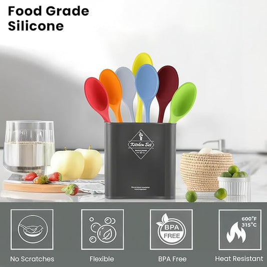 GEEKHOM Silicone Cooking Spoons, 4 Pieces 8" Heat Resistant Silicone Kitchen Utensils Set Serving Stirring Spoons for Non Stick Cooking, Mixing, Basting, Baking, Green