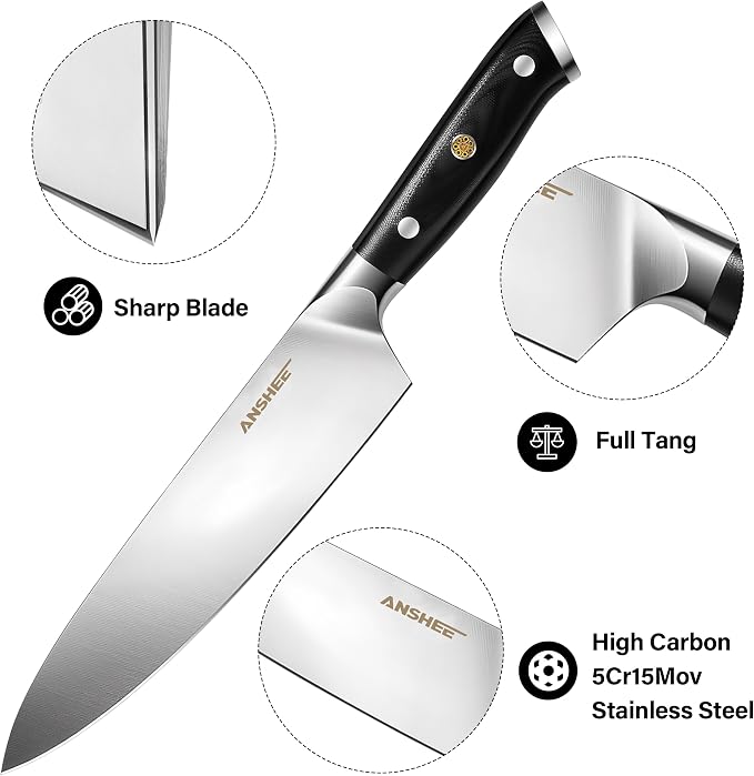ANSHEE 8 Inch Gyuto Chef Knife - High Carbon Stainless Steel Ultra Sharp Blade,G10 handle Dishwasher Safe, Professional Kitchen Knife for Meat,Vegetables with Sheath Gift Box(Home Cooks & Restaurants)