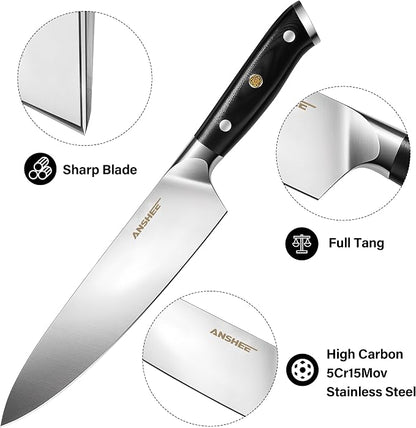 ANSHEE 8 Inch Gyuto Chef Knife - High Carbon Stainless Steel Ultra Sharp Blade,G10 handle Dishwasher Safe, Professional Kitchen Knife for Meat,Vegetables with Sheath Gift Box(Home Cooks & Restaurants)