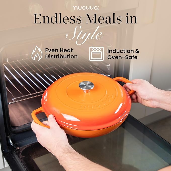Shallow Cast Iron Casserole with Lid – Non Stick Dutch Oven Pot, Oven Safe up to 500° F – Sturdy Ovenproof Stockpot Cookware – Enamelled Cooking Pot – Orange, 5-Quart, 32cm – by Nuovva
