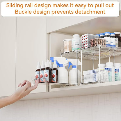 2 Set,2 Tier Pull Out Cabinet Organizer for Supplement and Medication Bottle Organizers,10.4" Deep Pantry Organizers Drawer and Sliding Clear Under Sink Organizer for Bathroom Vanity and Under Counter