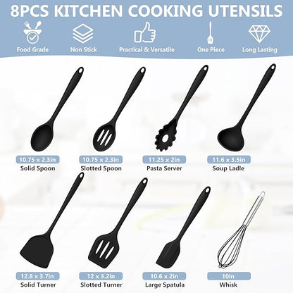 TeamFar Silicone Cooking Utensils Set, 8 PCS Kitchen Utensils Set, 446°F Heat Resistant, Turner, Spatula, Spoon, Whisk, Kitchen Cooking Gadgets Tools for Nonstick Cookware, Dishwasher Safe-Black