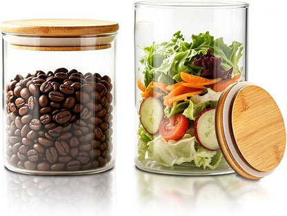 Glass Food Storage Jars with Airtight Lids, Clear Glass Jar with Bamboo Lid, Airtight Food Canister for Tea, Candy, Coffee, Sugar, Cookie, Snack. (Round | 5+6 Inch | 33+17 oz)