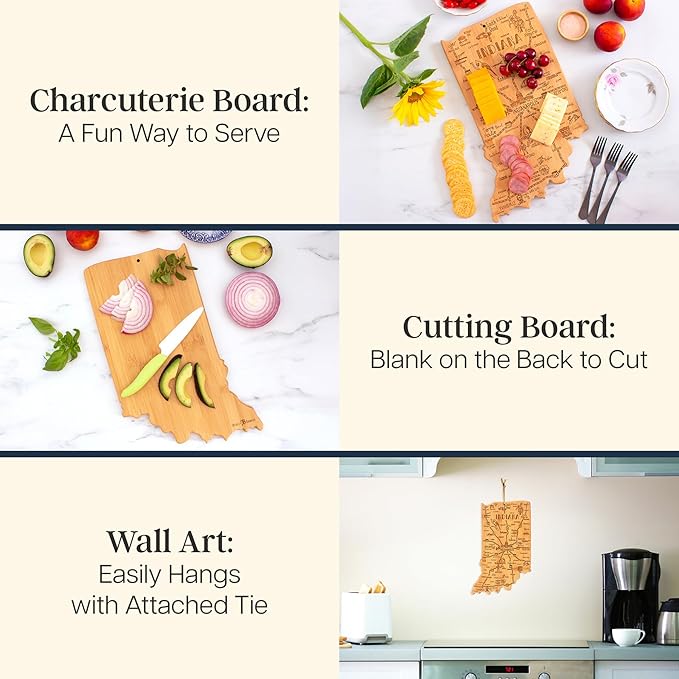 Totally Bamboo Destination Indiana Shaped Cutting Board – Bamboo Charcuterie and Serving Board with Hang Tie for Wall Display