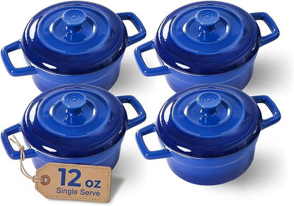 Lareina Mini Cocotte - 12oz Ceramic Casserole Dishes - Kitchen Casserole Sets With Handles And Lid - Small Baking Ramekins - Oven, Microwave & Dishwasher Safe - Set of 4 - Blue