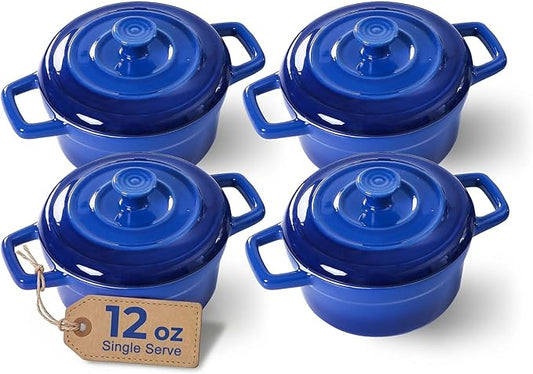 Lareina Mini Cocotte - 12oz Ceramic Casserole Dishes - Kitchen Casserole Sets With Handles And Lid - Small Baking Ramekins - Oven, Microwave & Dishwasher Safe - Set of 4 - Blue