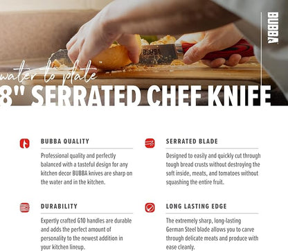 BUBBA Kitchen Series 8" Serrated Knife for easily slicing through bread crusts, meats, tomatoes and more with a premium German Steel Blade.
