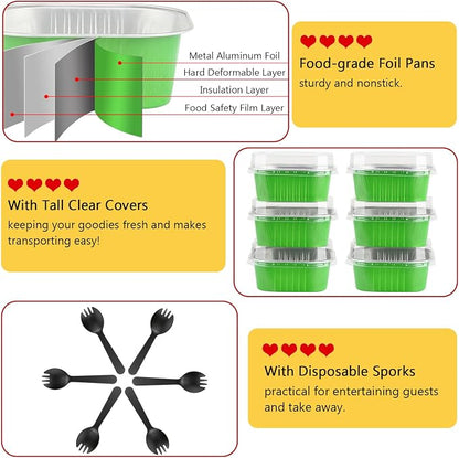 LNYZQUS Mini Cake Pans with Lids and Spoons,10oz Disposable Small Foil Baking Tins,40 Pack Individual Cake Containers for Home Bakers Bake Sales-Green,4x4 Square