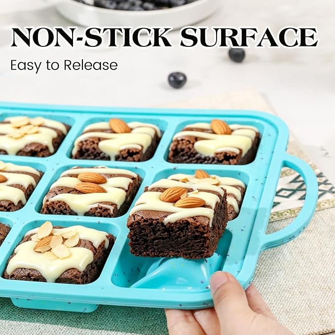 Vinino Silicone Brownie Pan with Dividers, 1 Pack Mini Loaf Pan for Baking Individual, Nonstick 12 Cups Square Muffin Cupcake Pans with Metal Reinforced Frame-Aqua Blue