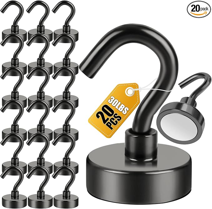 DIYMAG Magnetic Hooks for Refrigerator, Extra Strong Cruise Hook, Heavy Duty Earth Magnets with Hook for Hanging, Magnetic Hanger for Cabins, Grill (20P-Black)