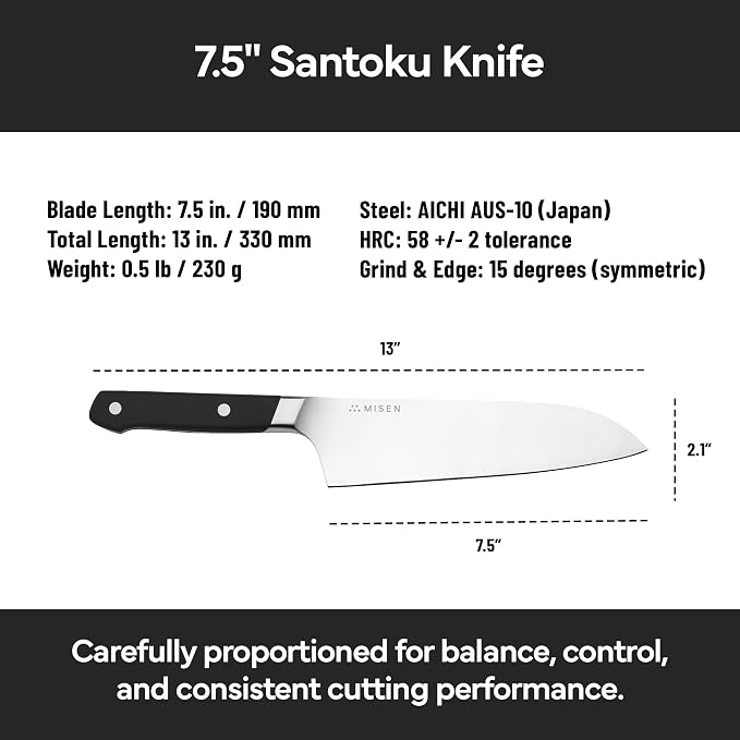 Misen Japanese Santoku Chef Knife - 7.5 Inch High Carbon Stainless Steel - Classic Japanese Knife Design for Cutting, Slicing, and Chopping - Razor Sharp Japanese Style Kitchen Knife, Black