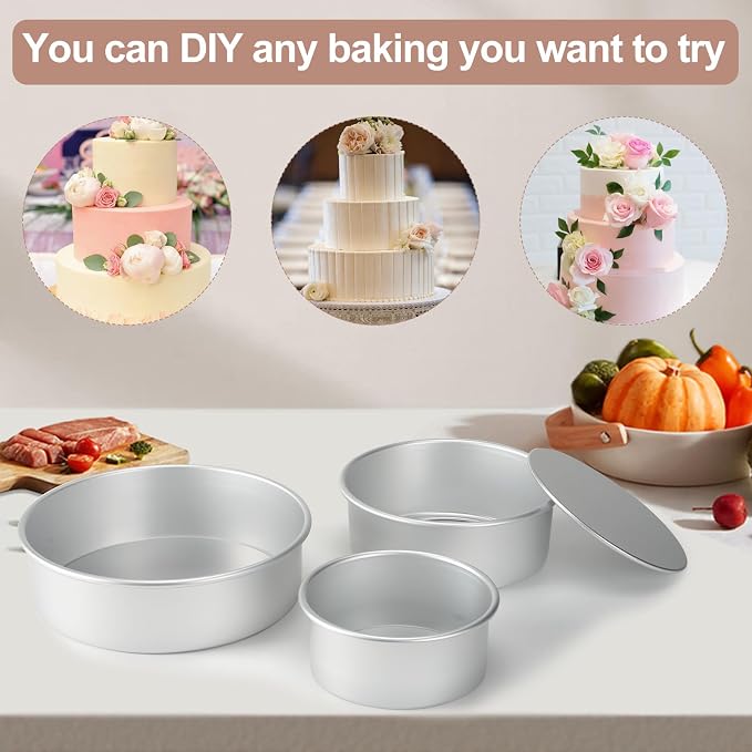Round Cake Pan with Removable Bottom, Set of 3 (6 x 3 inch/8 x 3 inch/10 x 3 inch), Aluminum Baking Pans for Layer Cakes, Non-Stick, Evenly Heating Tools for Home Kitchen, Straight Side