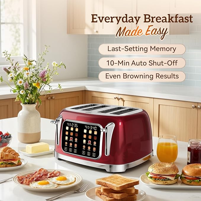 RONGBEST Retro 4 Slice Stainless Steel Toaster with Wide Slot Touch Screen for Family Breakfast, Reheat & Defrost, 6 Browning Levels for Bagel & Bread, Easy Removable Crumb Tray, Red Pearl