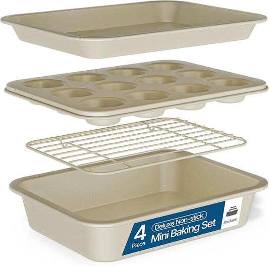 Bakken 4-Piece Bakeware Sets, Nonstick Carbon Steel Baking Sheet, Stackable Space-Saving Bakeware, Dishwasher Safe, Stain-resistant, PFOA, PFOS, & PTFE Free, Oven Safe Up To 450°F, White Marble