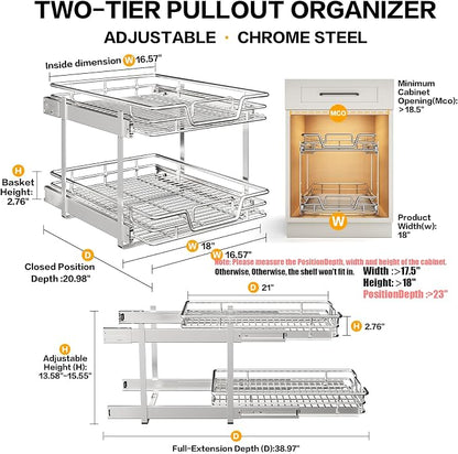 2-Tier Kitchen Cabinet Pull Out Shelf and Drawer Organizer Slide Out Pantry Storaqe Basket in Multiple Sizes (18" W x 21" D)