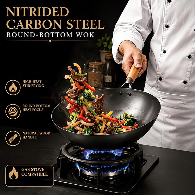 Calmabode 12” Round Bottom Carbon Steel Wok with Glass Lid | Traditional Chinese round-bottom wok for gas stoves, nitrided carbon steel, glass lid, ideal for wok hei and stir-fry