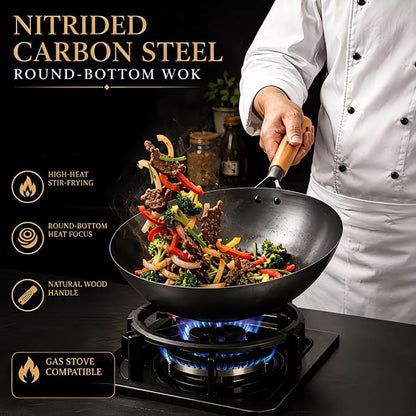 Calmabode 12” Round Bottom Carbon Steel Wok with Glass Lid | Traditional Chinese round-bottom wok for gas stoves, nitrided carbon steel, glass lid, ideal for wok hei and stir-fry