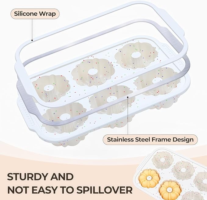 FUNBAKY 3 Inch Mini Fluted Tube Cake Pans for Baking with Metal Reinforced Frame, 2Pcs Silicone 6-Cavity Mini Flan Molds, Nonstick Baking Mold for Cupcake, Brownie, Donuts, Cornbread, Jello