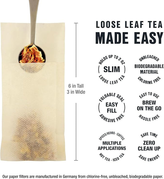 Tiesta Tea Loose Leaf Filters for Brewing, Disposable Infuser for Hot & Iced Drinks, Easy-Fill Steeper, Unbleached Paper, Single-Cup Infuser for Loose Leaves, 100 Empty Bags
