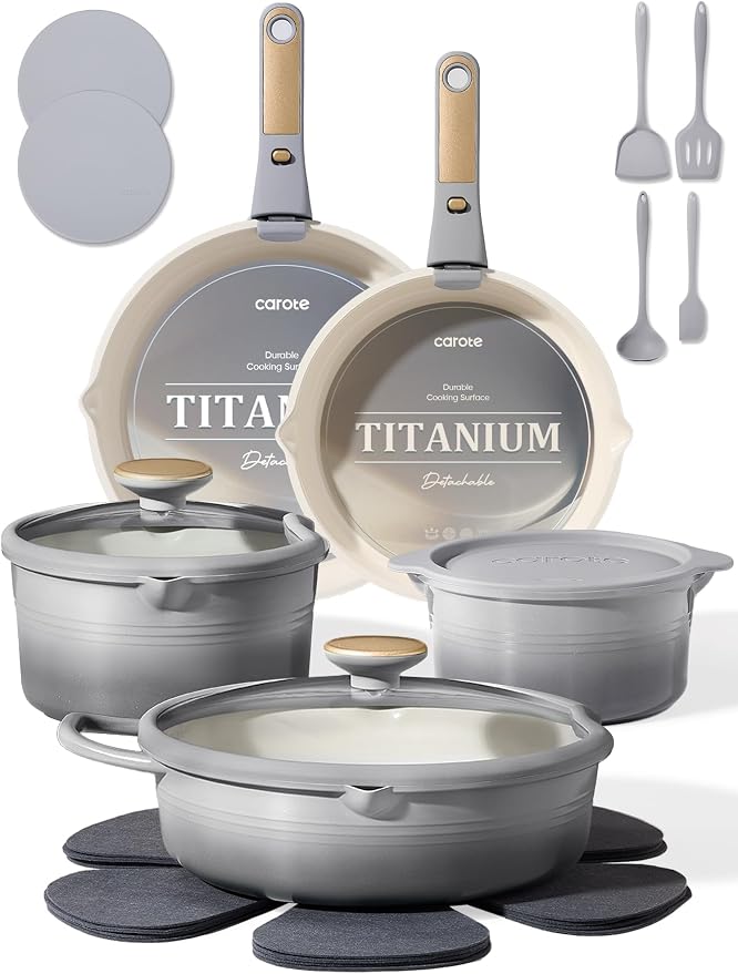 CAROTE 20Pcs Titanium Cookware Set, Pots and Pans Set Non Stick, Kitchen Cooking Set with Detachable Handle, Non Toxic Induction Cookware, Dishwasher/Oven Safe