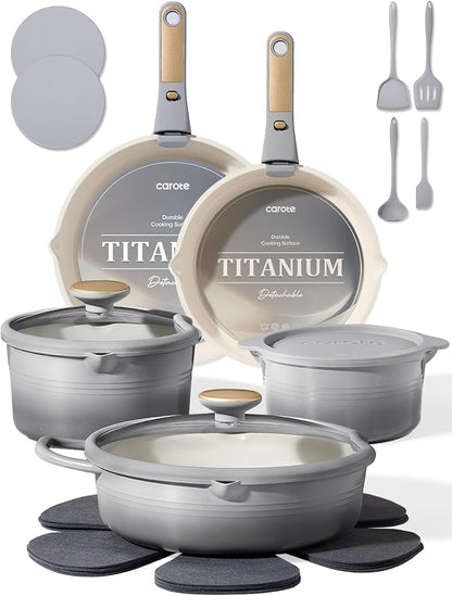 CAROTE 20Pcs Titanium Cookware Set, Pots and Pans Set Non Stick, Kitchen Cooking Set with Detachable Handle, Non Toxic Induction Cookware, Dishwasher/Oven Safe