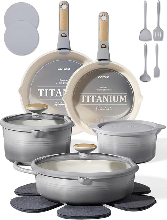CAROTE 20Pcs Titanium Cookware Set, Pots and Pans Set Non Stick, Kitchen Cooking Set with Detachable Handle, Non Toxic Induction Cookware, Dishwasher/Oven Safe