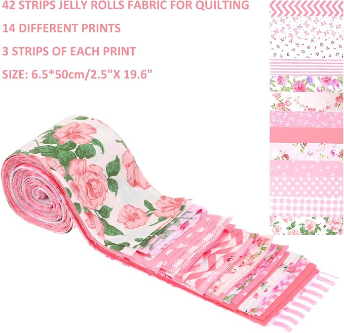 42Pcs Jelly Roll Fabric Strips Soft Cotton Quilting Fabric 2.5 x 20 Inch Pre-Cut Cotton Strips Bundles for Quilting Crafting and Sewing(Pink)