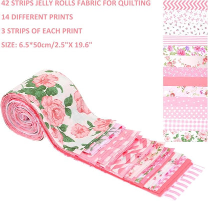 42Pcs Jelly Roll Fabric Strips Soft Cotton Quilting Fabric 2.5 x 20 Inch Pre-Cut Cotton Strips Bundles for Quilting Crafting and Sewing(Pink)