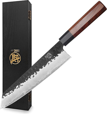 MITSUMOTO SAKARI 9-Inch Japanese Kiritsuke Chef Knife, 9Cr18MoV Steel | Angled tip and long flat edge for slicing, 3-layer 9Cr18MoV steel, rosewood handle, sandalwood box