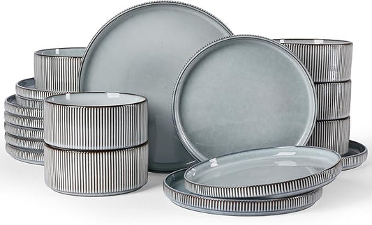 Famiware Star 18-Piece Reactive Glaze Plates and Bowls Sets, Service for 6 - Stoneware Dinnerware with Trim, Modern Rustic Dishes, Chip & Scratch Resistant, Microwave & Dishwasher Safe, Smoky Blue