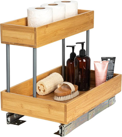 Household Essentials Glidez Steel and Bamboo Pull-Out/Slide-Out Storage Organizer for Under Sink or Cabinet Use - 2 -Tier Design - Fits Standard Size Cabinet or Shelf, Natural and Chrome