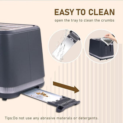 Stainless Steel Toaster 2 Slices, Toasters Wide Slot, Bread Toaster with Cancel, Reheat, Defrost Function, Bagel Toasters with Removable Tray & 6 Temperature Settings, LED Display, Grey