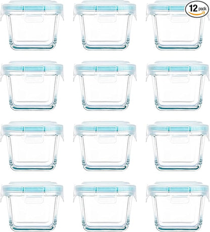 Mini Glass Food Storage Containers - 12 Pack 5.4 oz Small Glass Jars with Locking Lids - Square Food Containers - Microwave Dishwasher Safe