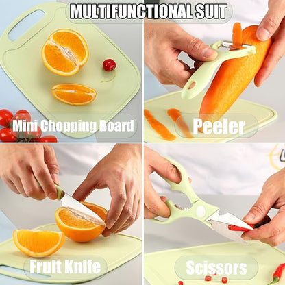 Magicorange Travel Cutting Board Set, 4 Pcs Portable Mini Camping Plastic Cutting Board Set & Stainless Steel Knife with Sheath, Fruits & Vegetable Peeler Scissors (Green)