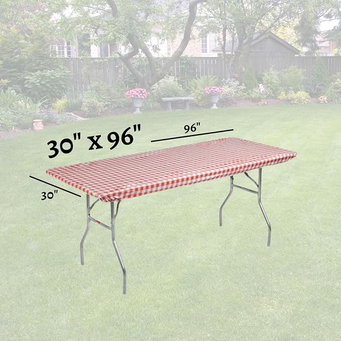 Kwik-Covers 8' Rectangle Plastic Table Covers 30" x 96", Bundle of 5 (Red Gingham)