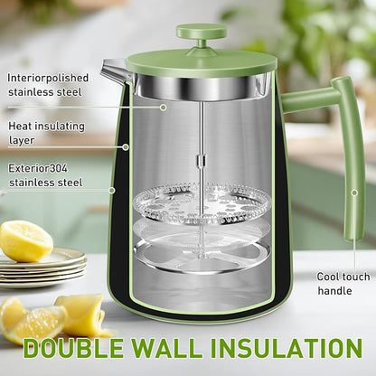 Secura 50oz French Press Coffee Maker – 304 Stainless Steel, Insulated Coffee Press with Extra Filter, Green